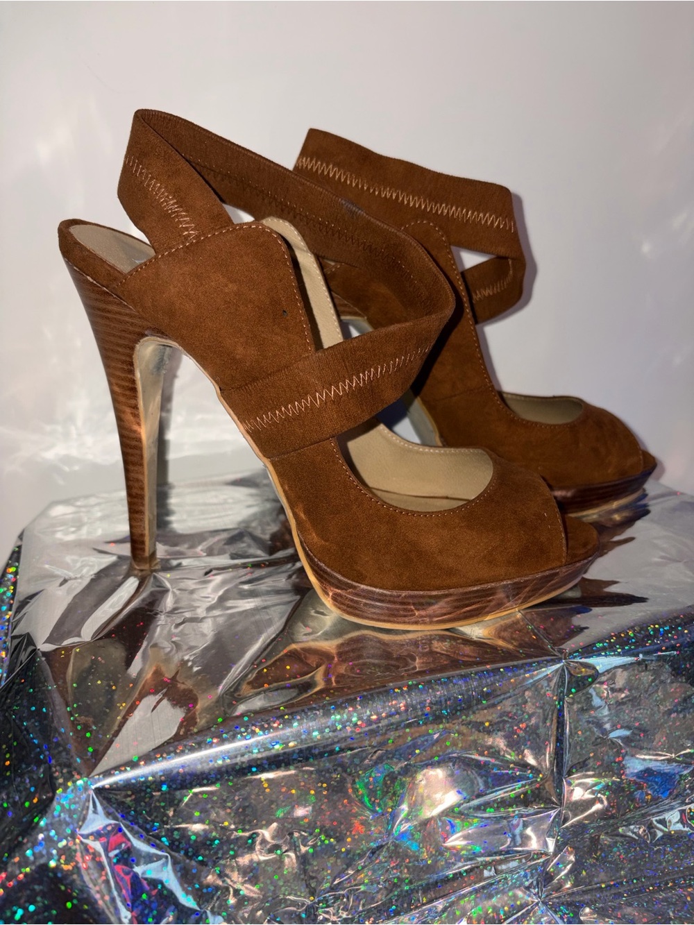 levity Brown Suede Platform Peep-Toe Heels with Ankle Strap